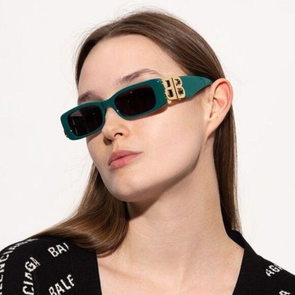 NEW Balenciaga  BB0096S 006 Green Gold Logo Grey Square Unisex Sunglasses - Picture 4 of 12